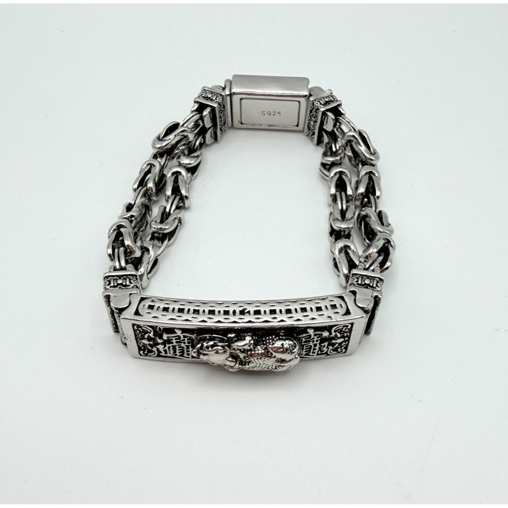 Mens S925 Solid Sterling Silver Pixiu Dragon Feng Shui Byzantine Chain Bracelet